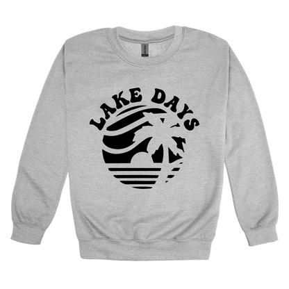 Lake Days Front & Back design on a Sport Gray adult crewneck sweatshirt, front view.