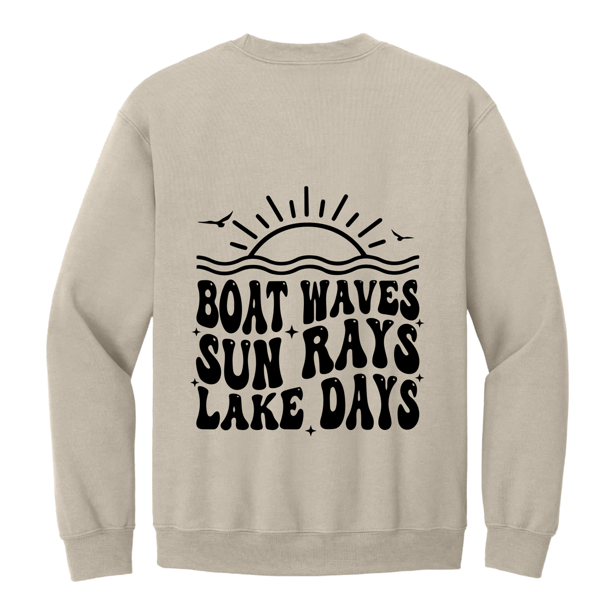 Lake Days Front & Back design on a Sand adult crewneck sweatshirt, back view.