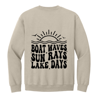 Lake Days Front & Back design on a Sand adult crewneck sweatshirt, back view.