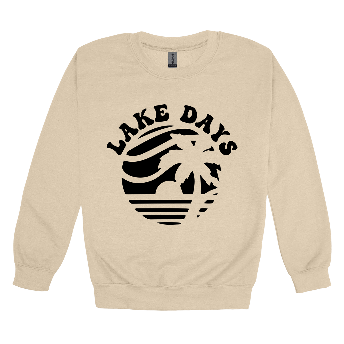 Lake Days Front & Back design on a Sand adult crewneck sweatshirt, front view.