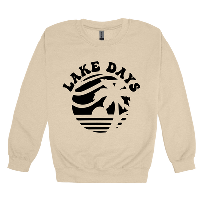 Lake Days Front & Back design on a Sand adult crewneck sweatshirt, front view.