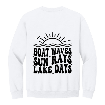 Lake Days Front & Back design on a White adult crewneck sweatshirt, back view.