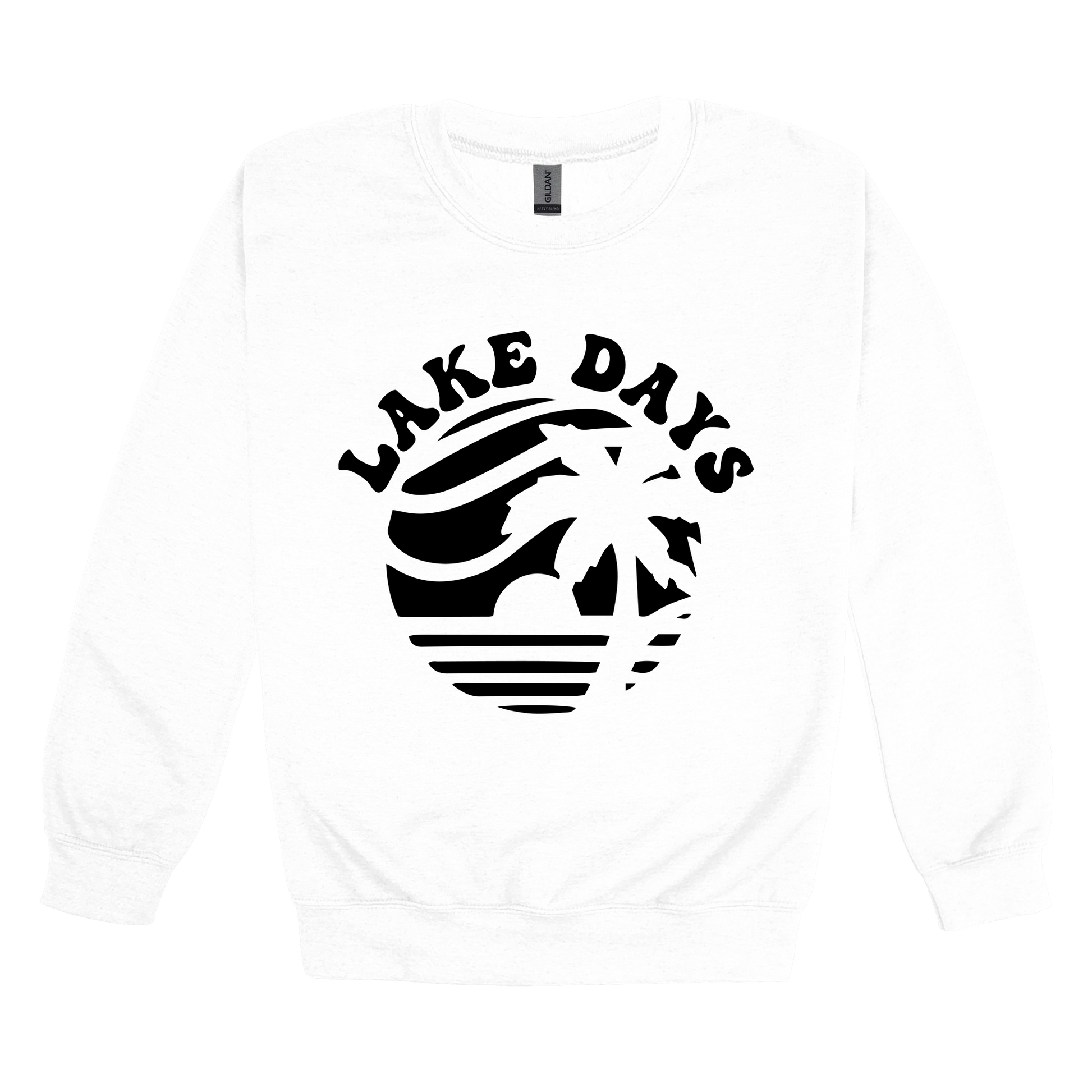 Lake Days Front & Back design on a White adult crewneck sweatshirt, front view.