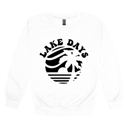 Lake Days Front & Back design on a White adult crewneck sweatshirt, front view.