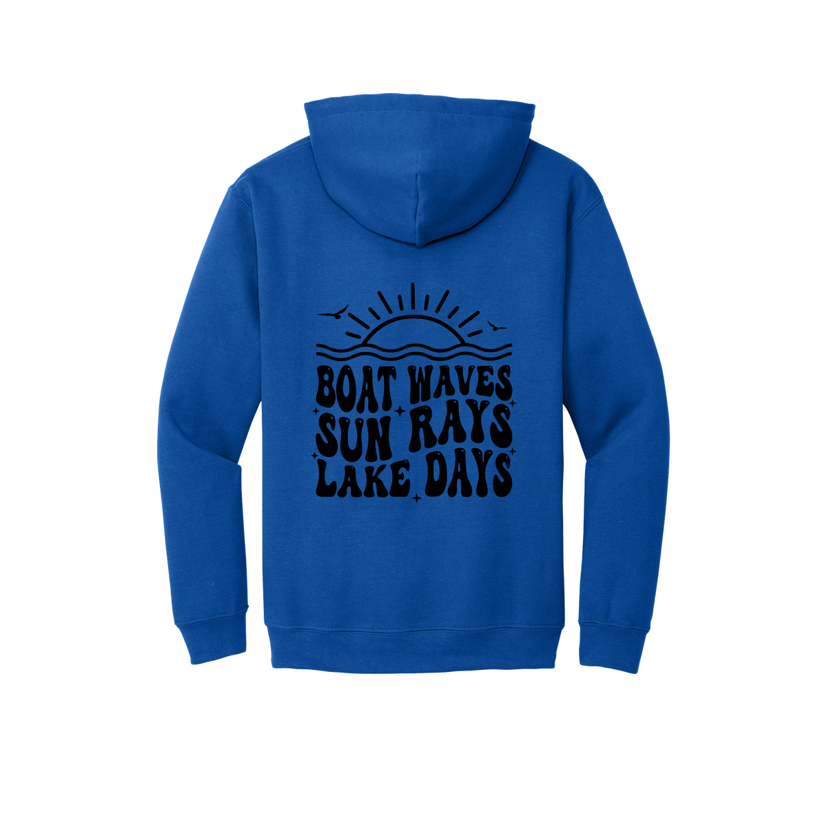 Lake Days Front & Back design on a Royal Blue adult hoodie, back view.