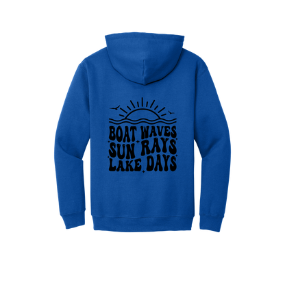 Lake Days Front & Back design on a Royal Blue adult hoodie, back view.