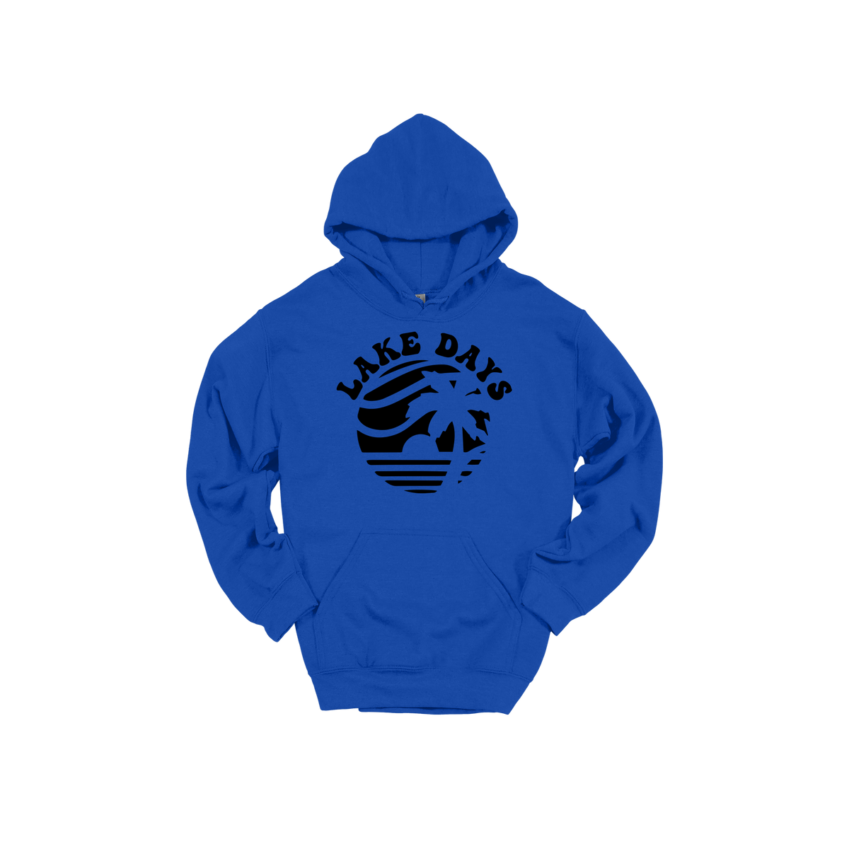 Lake Days Front & Back design on a Royal Blue adult hoodie, front view.