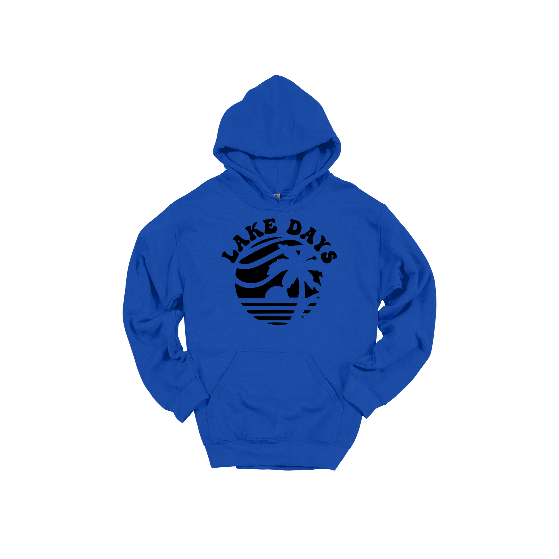 Lake Days Front & Back design on a Royal Blue adult hoodie, front view.