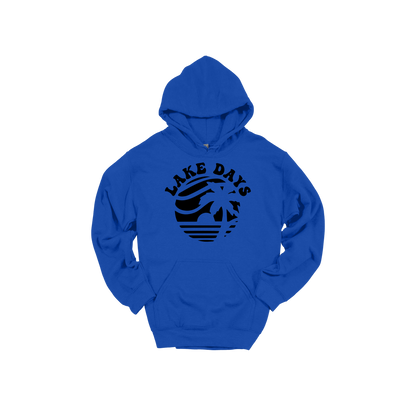 Lake Days Front & Back design on a Royal Blue adult hoodie, front view.