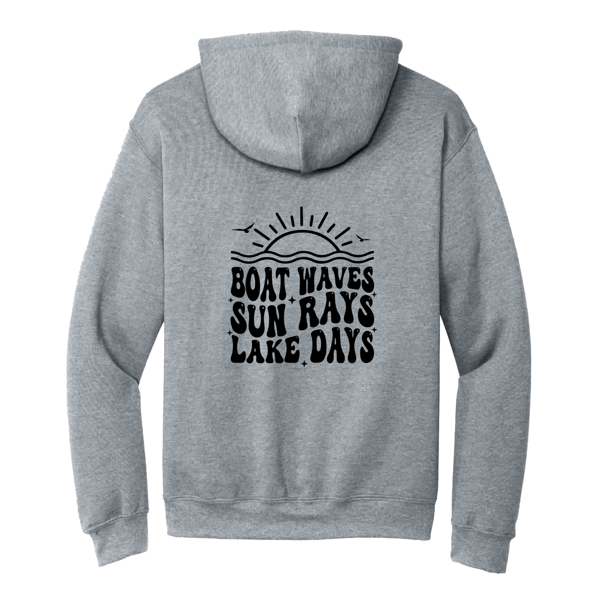 Lake Days Front & Back design on a Sport Gray adult hoodie, back view.