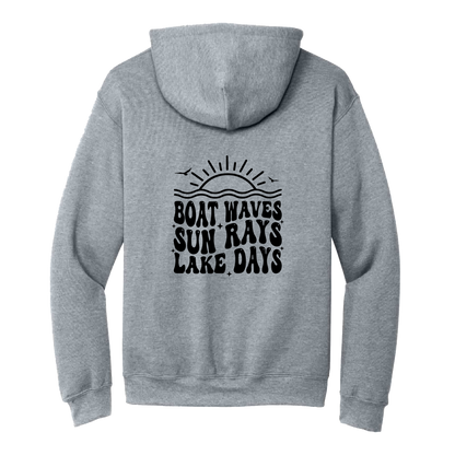 Lake Days Front & Back design on a Sport Gray adult hoodie, back view.