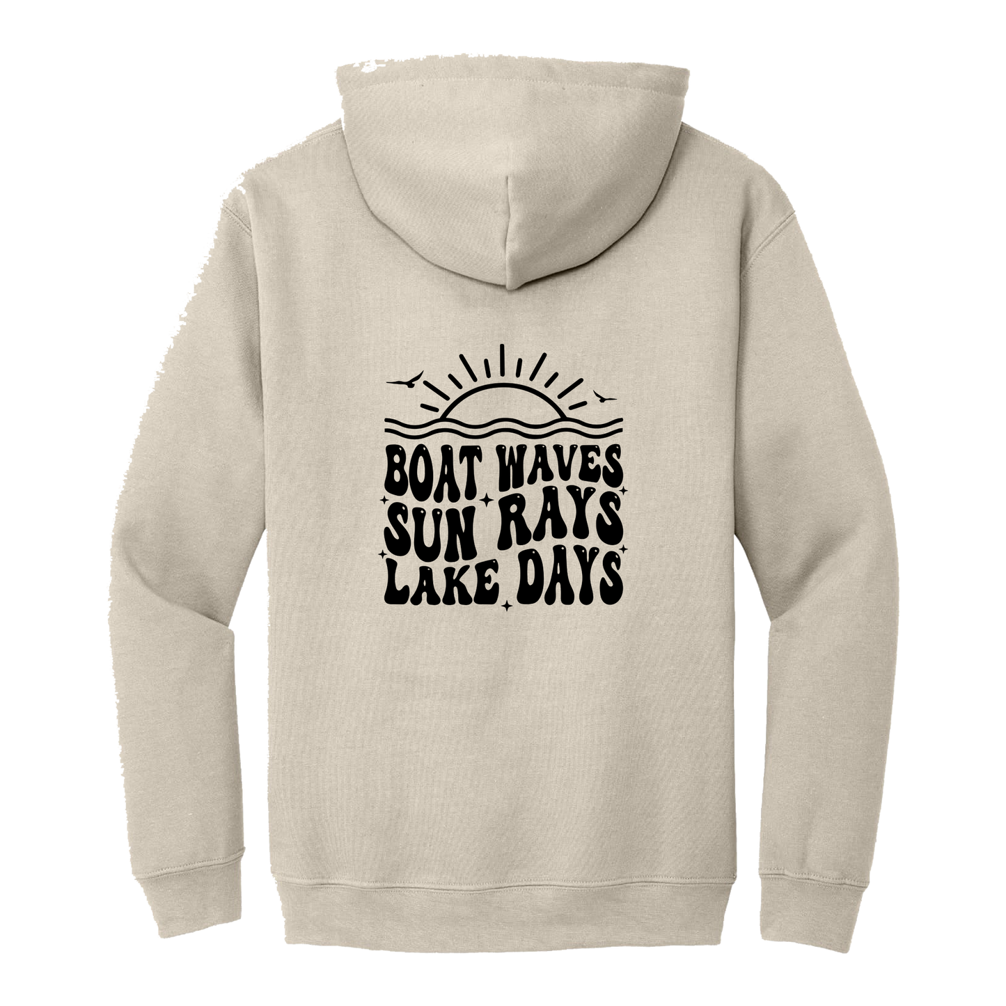 Lake Days Front & Back design on a Sand adult hoodie, back view.