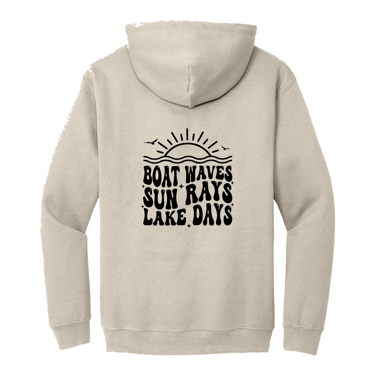 Lake Days Front & Back design on a Sand adult hoodie, back view.