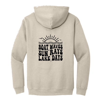 Lake Days Front & Back design on a Sand adult hoodie, back view.