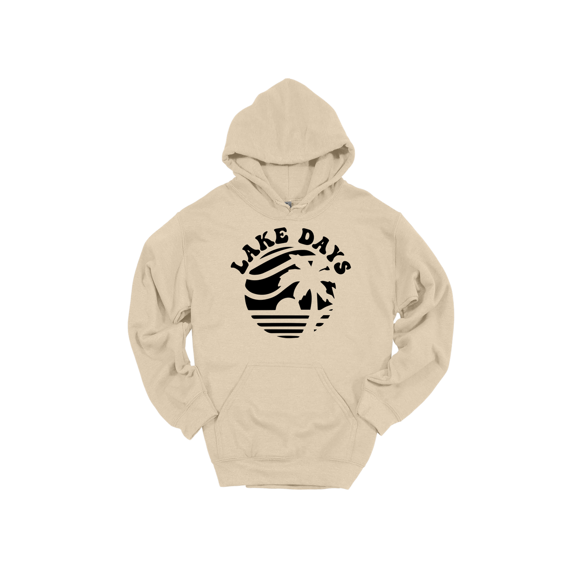 Lake Days Front & Back design on a Sand adult hoodie, front view.