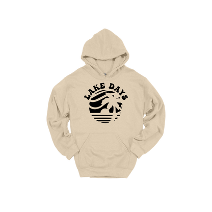 Lake Days Front & Back design on a Sand adult hoodie, front view.