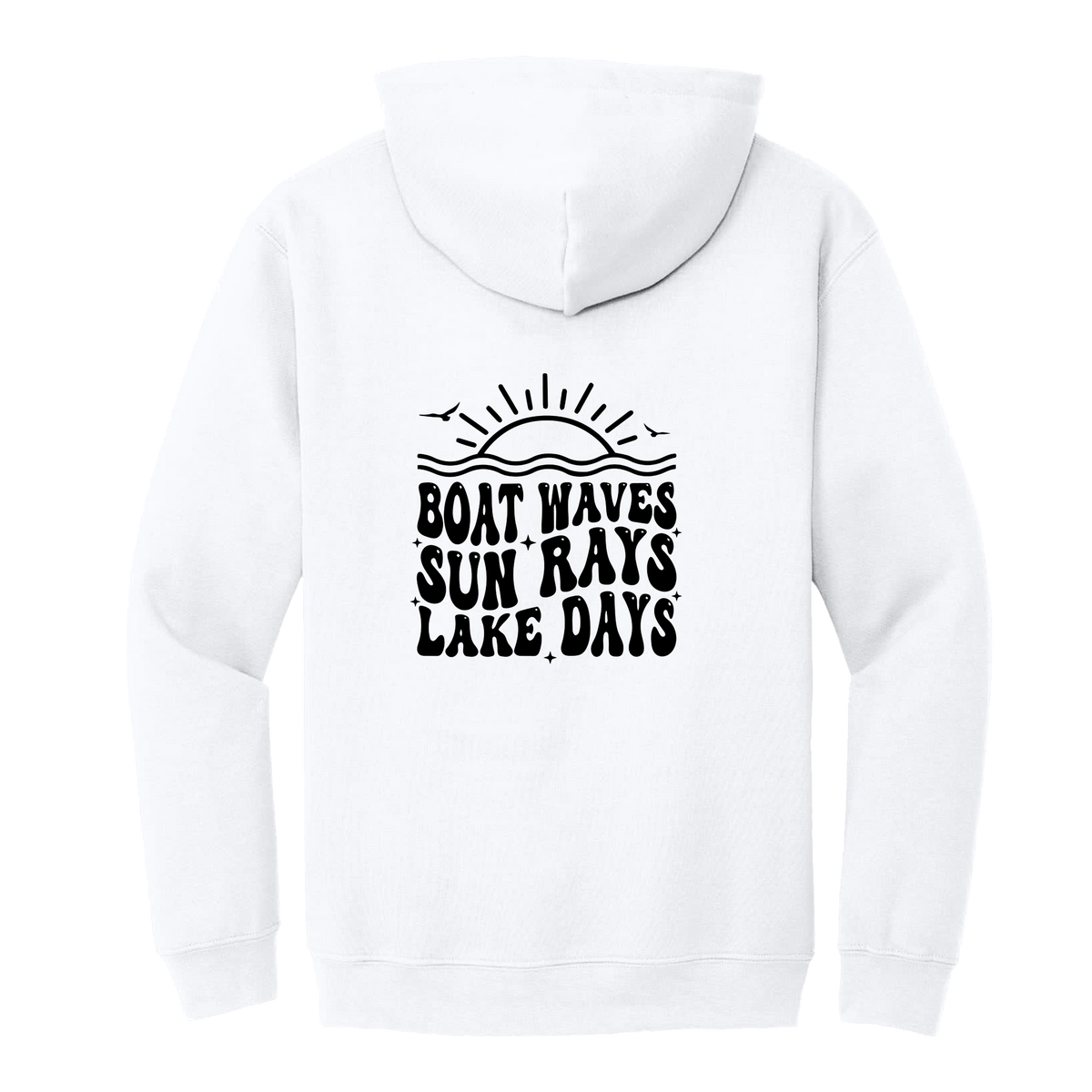 Lake Days Front & Back design on a White adult hoodie, back view.