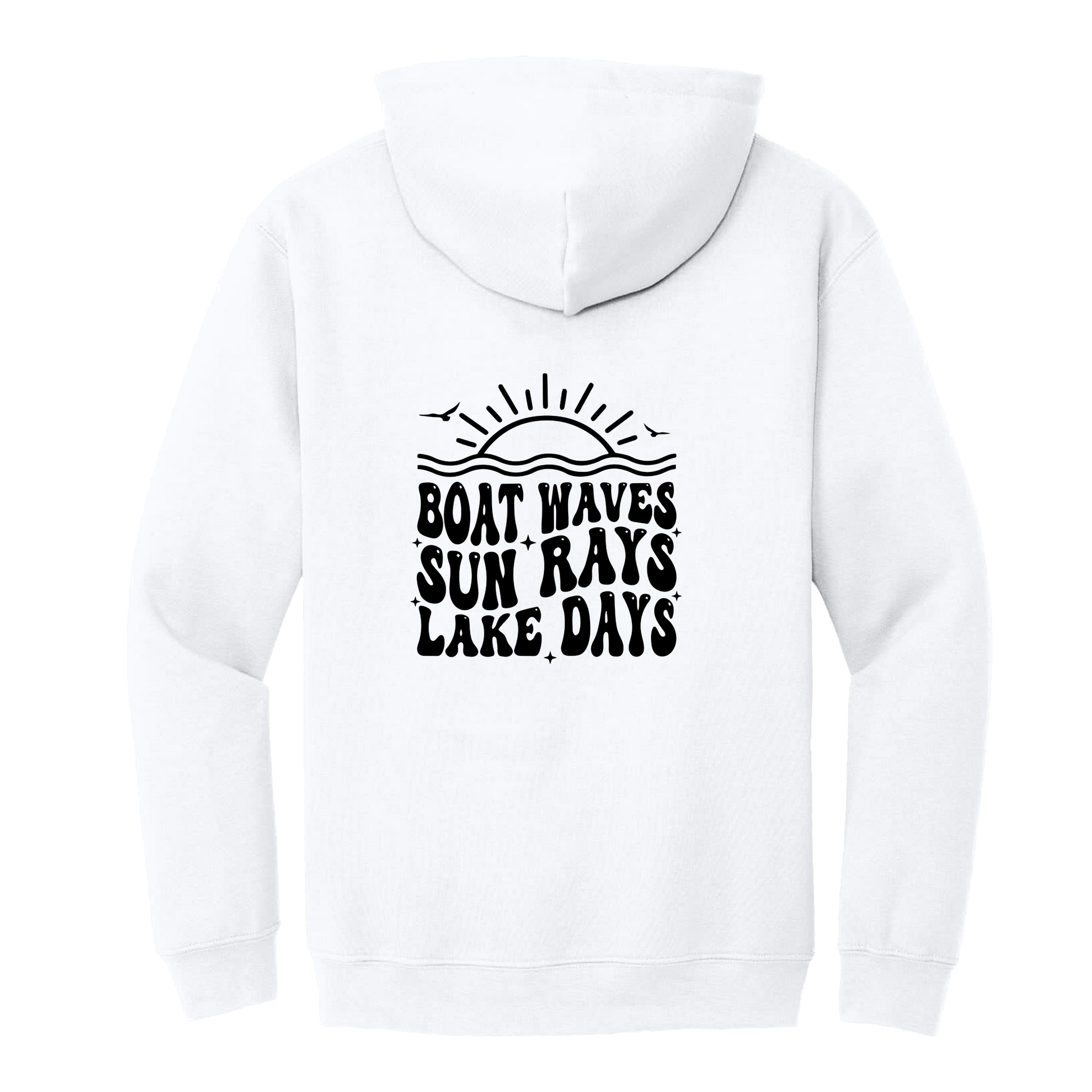 Lake Days Front & Back design on a White adult hoodie, back view.