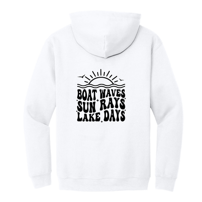 Lake Days Front & Back design on a White adult hoodie, back view.