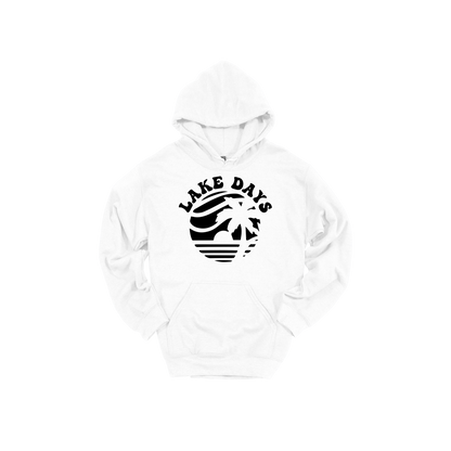 Lake Days Front & Back design on a White adult hoodie, front view.