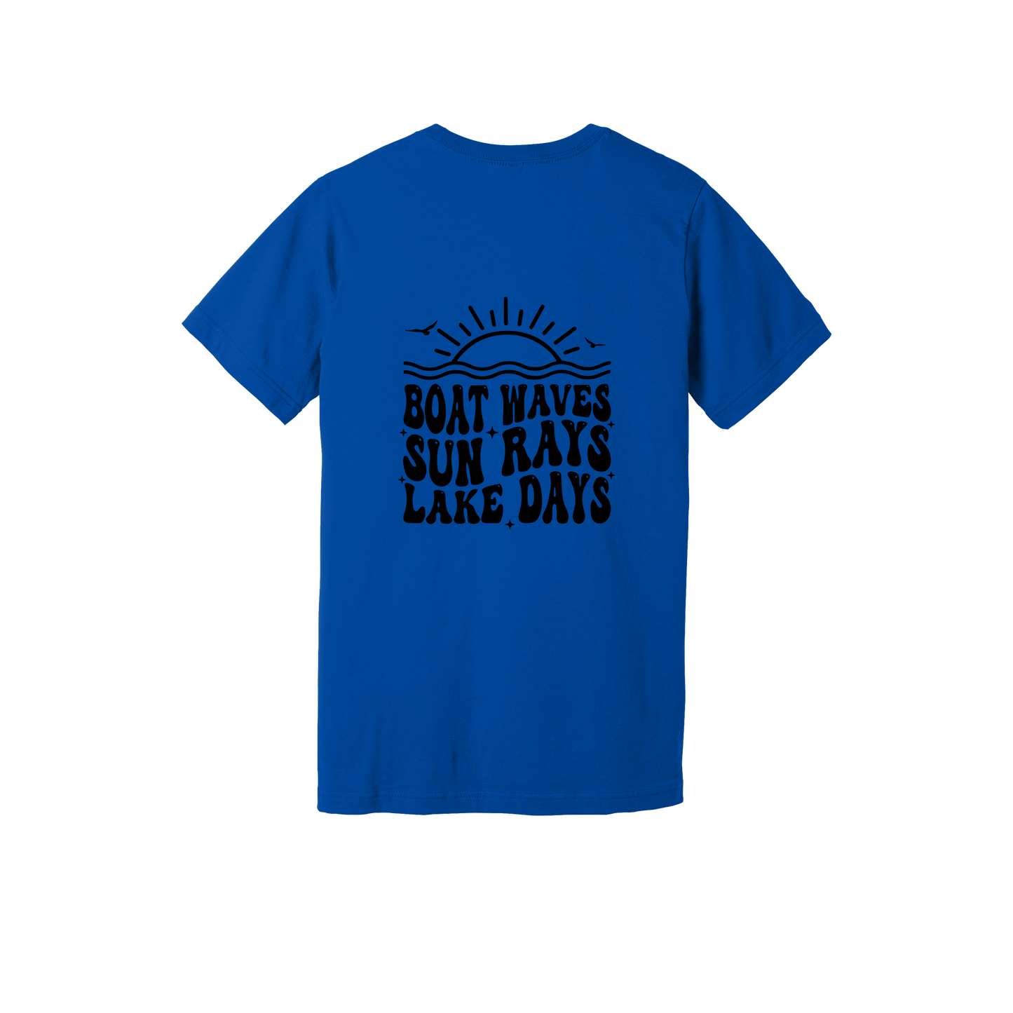 Lake Days Front & Back design on a Royal Blue adult T-shirt, back view.