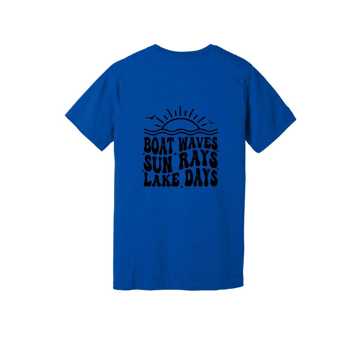 Lake Days Front & Back design on a Royal Blue adult T-shirt, back view.