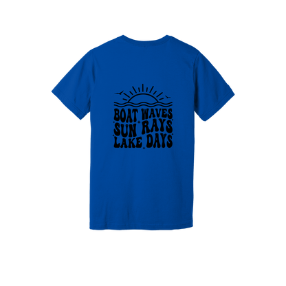 Lake Days Front & Back design on a Royal Blue adult T-shirt, back view.