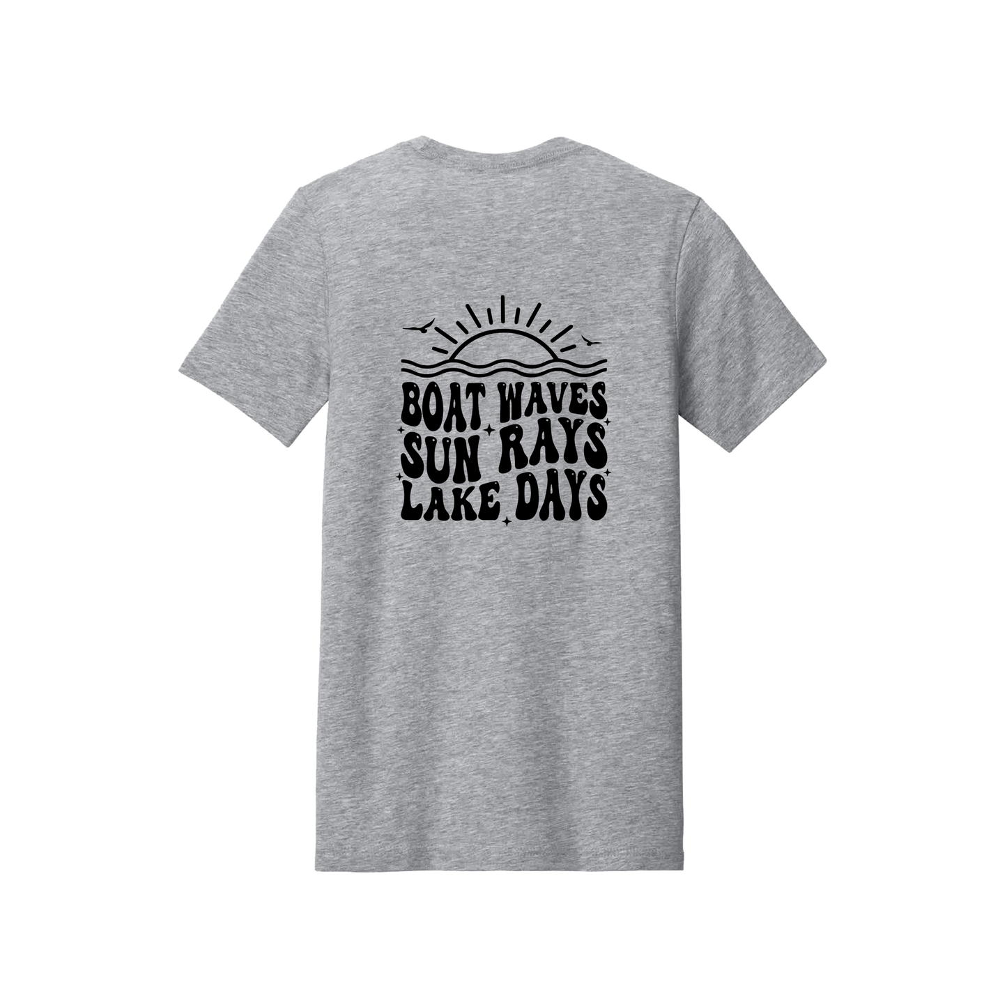 Lake Days Front & Back design on a Heather Athletic Gray adult T-shirt, back view.