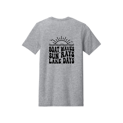 Lake Days Front & Back design on a Heather Athletic Gray adult T-shirt, back view.