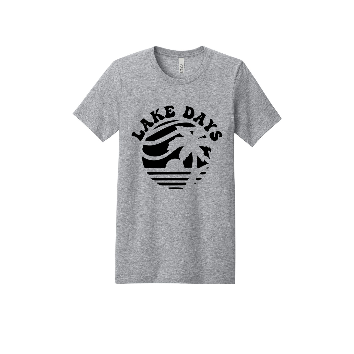Lake Days Front & Back design on a Heather Athletic Gray adult T-shirt, front view.