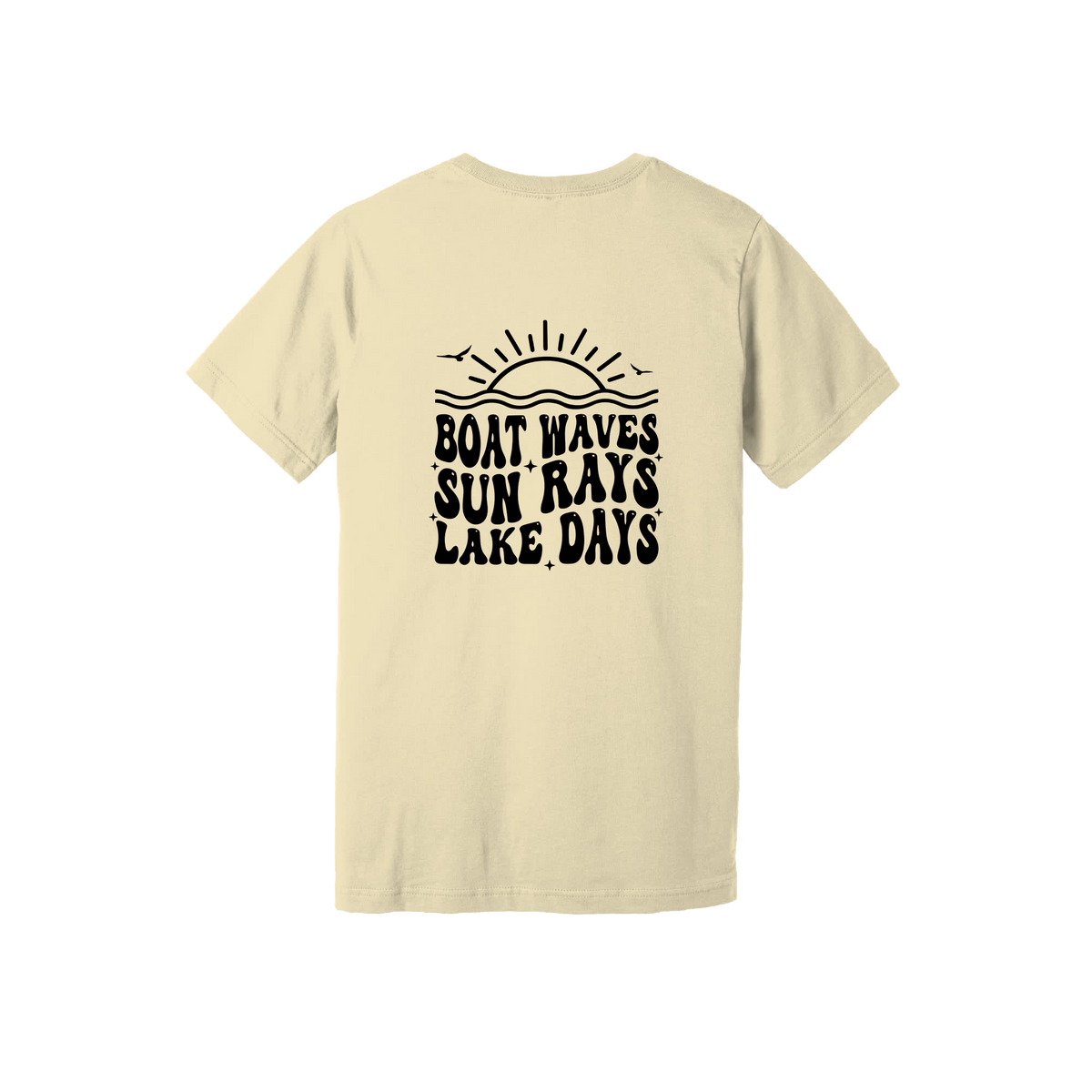 Lake Days Front & Back design on a Natural adult T-shirt, back view.