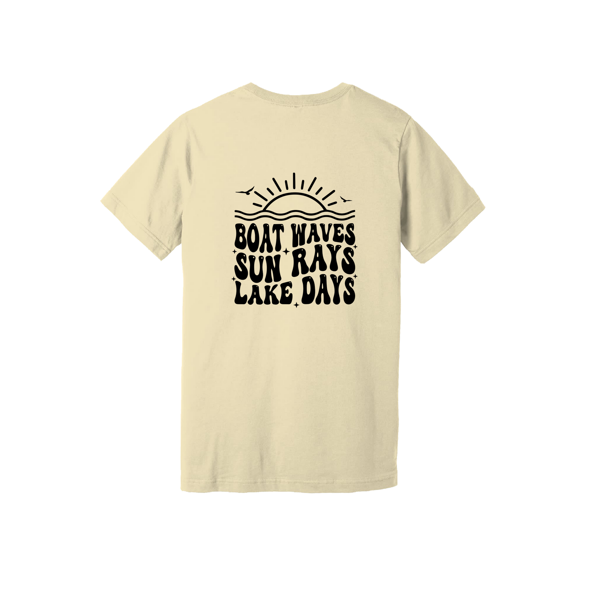 Lake Days Front & Back design on a Natural adult T-shirt, back view.