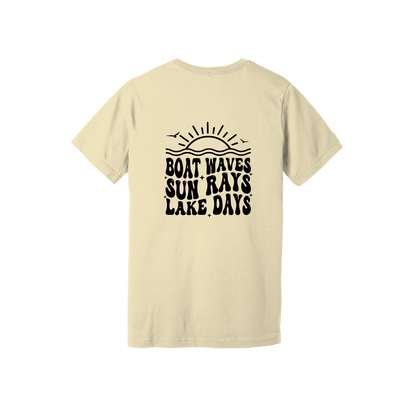 Lake Days Front & Back design on a Natural adult T-shirt, back view.