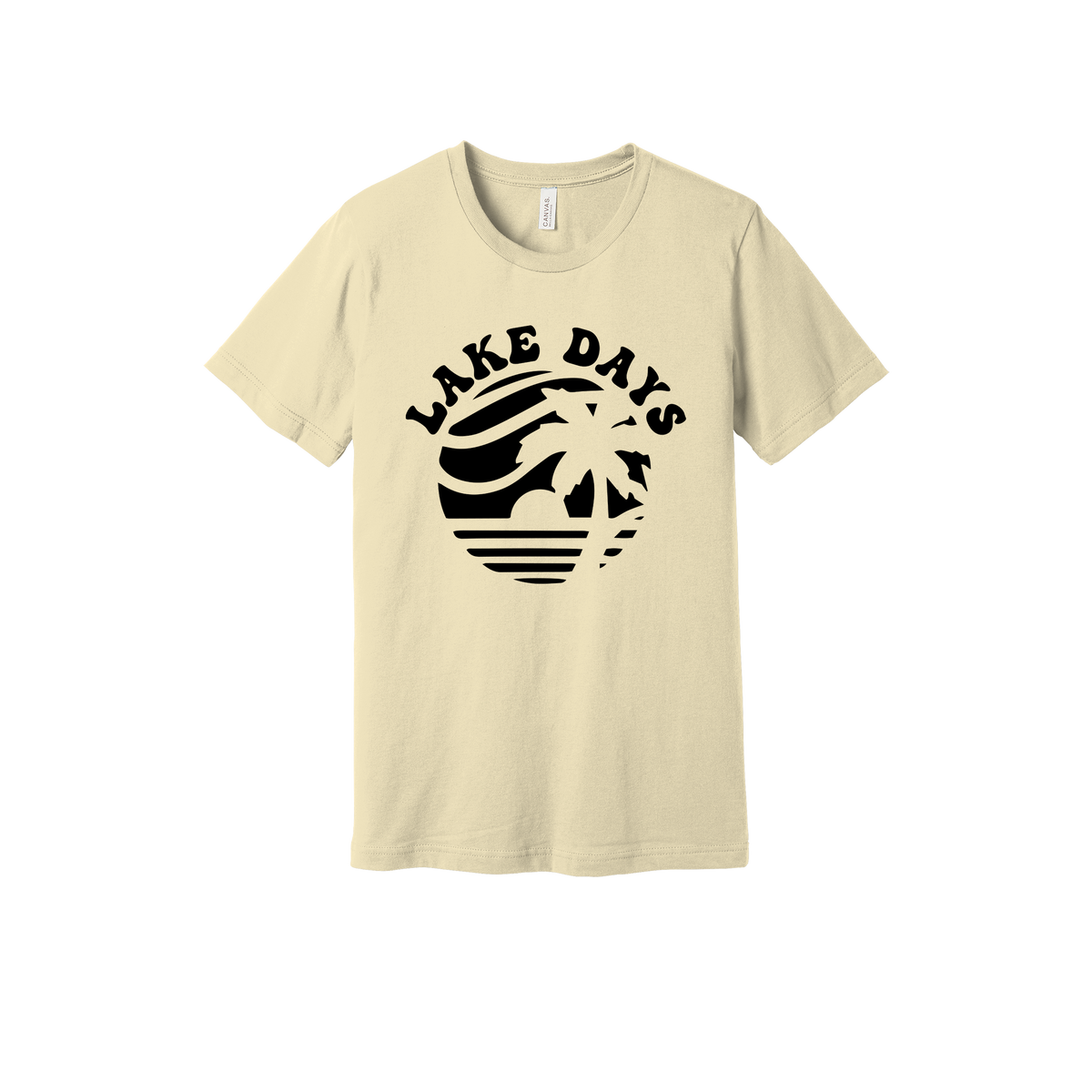 Lake Days Front & Back design on a Natural adult T-shirt, front view.