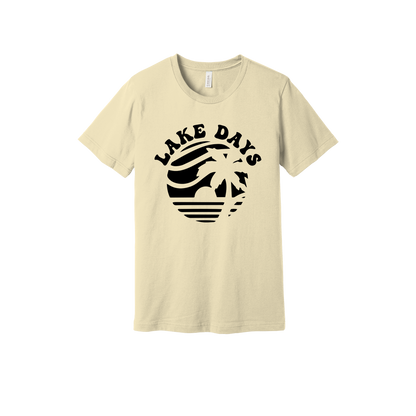 Lake Days Front & Back design on a Natural adult T-shirt, front view.