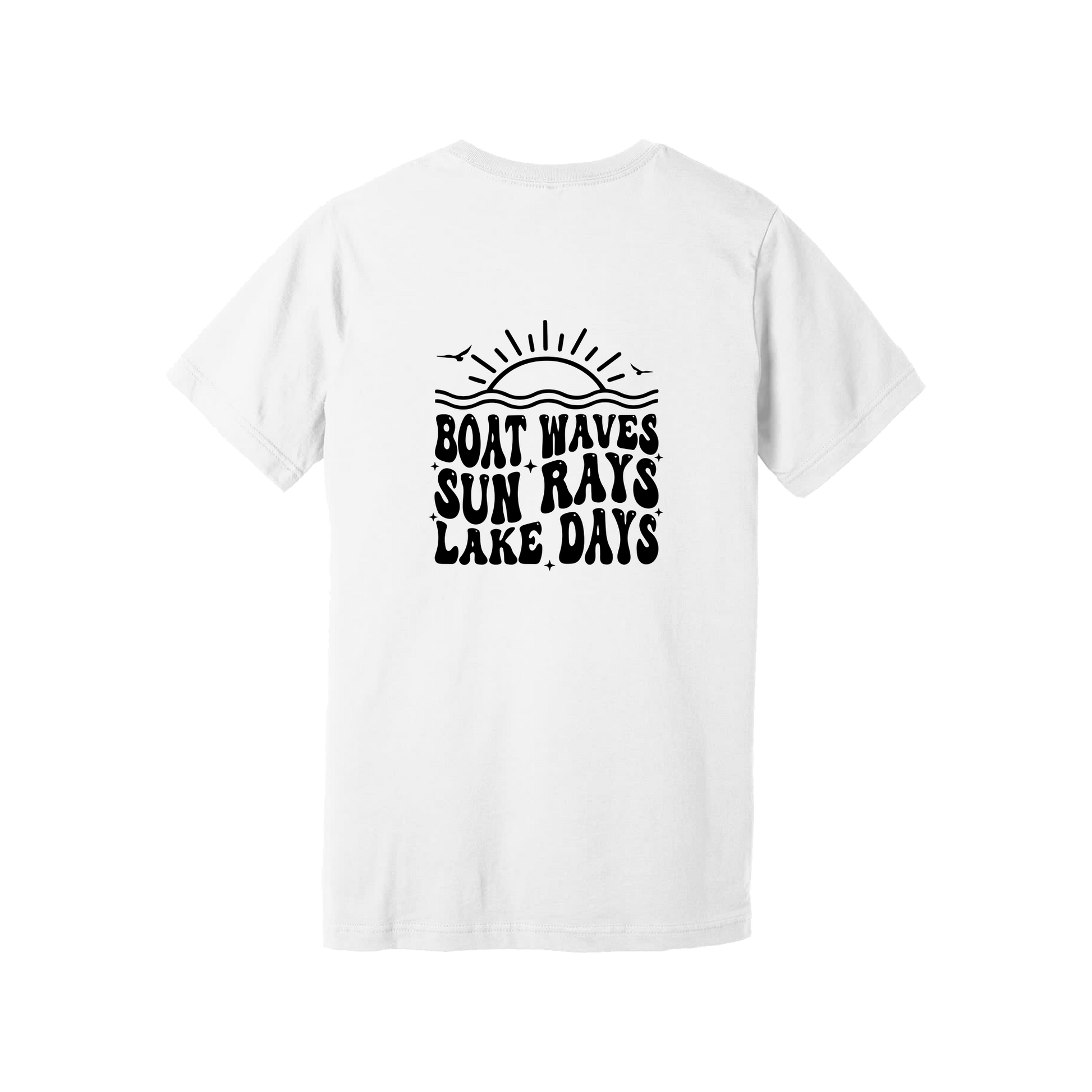 Lake Days Front & Back design on a White adult T-shirt, back view.
