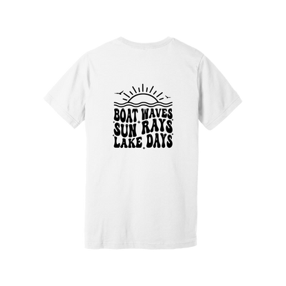Lake Days Front & Back design on a White adult T-shirt, back view.