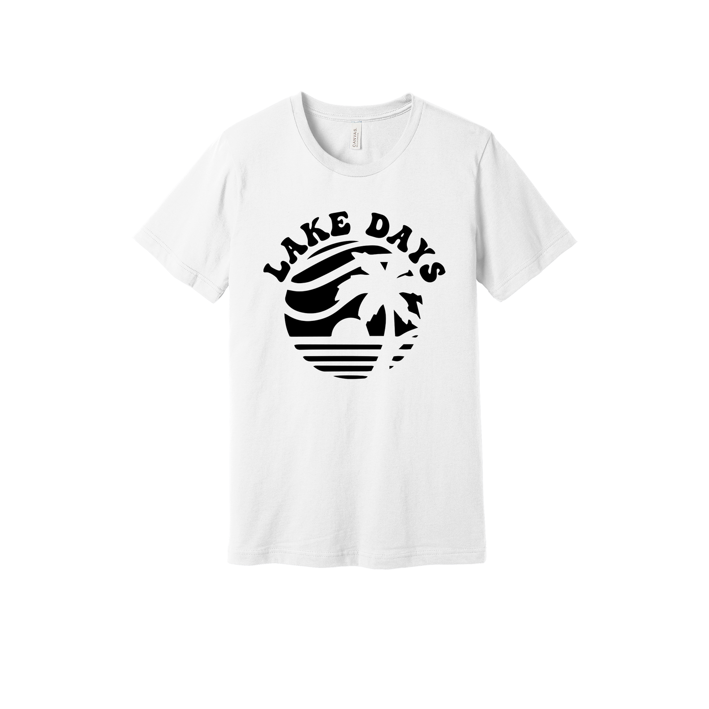 Lake Days Front & Back design on a White adult T-shirt, front view.