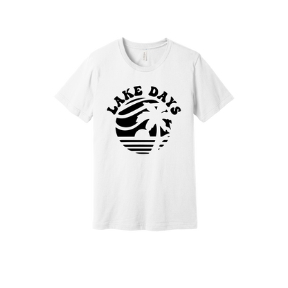 Lake Days Front & Back design on a White adult T-shirt, front view.