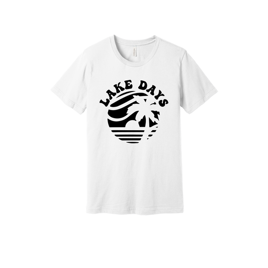 Lake Days Front & Back design on a White adult T-shirt, front view.