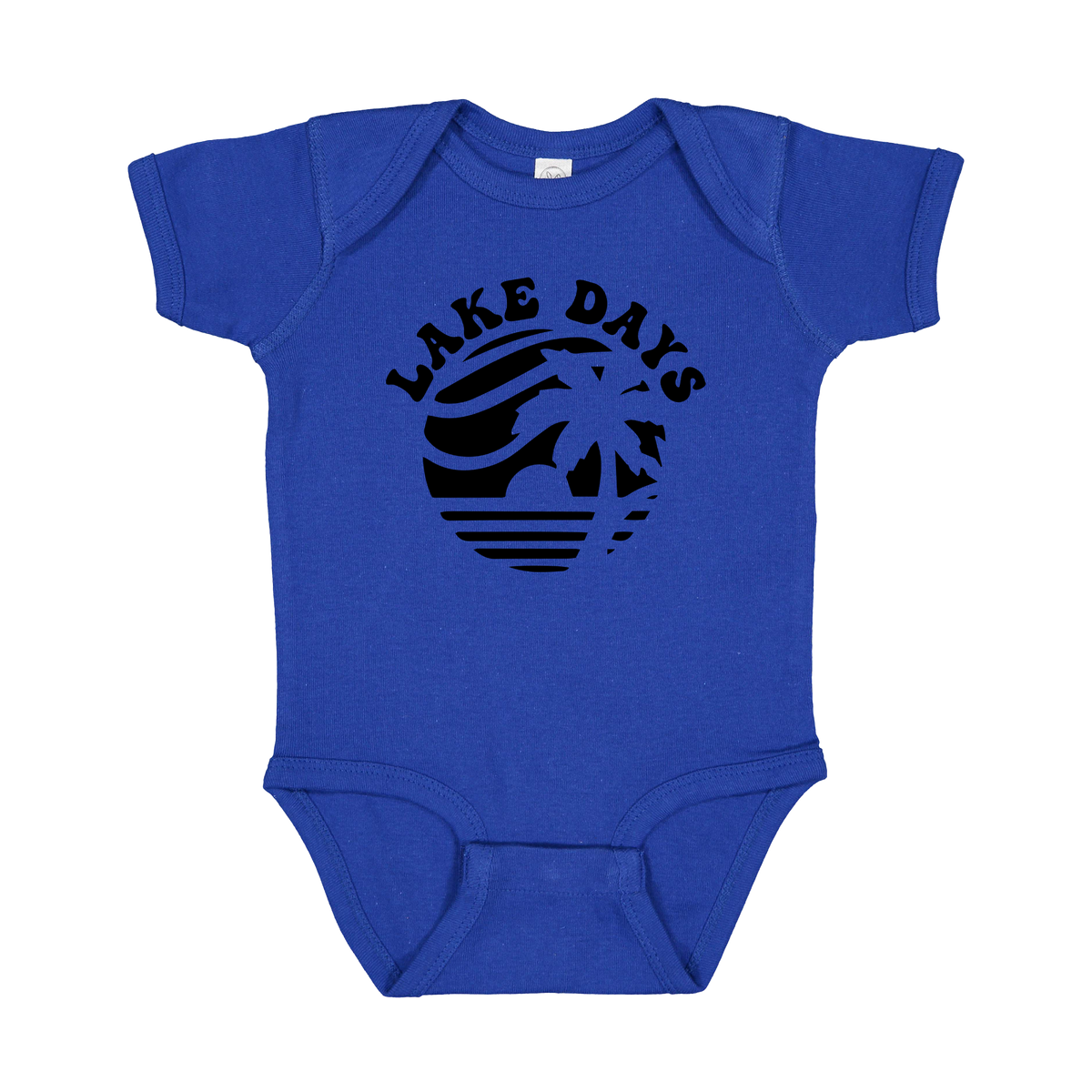 Lake Days Front & Back design on a Royal Blue infant onesie, front view.
