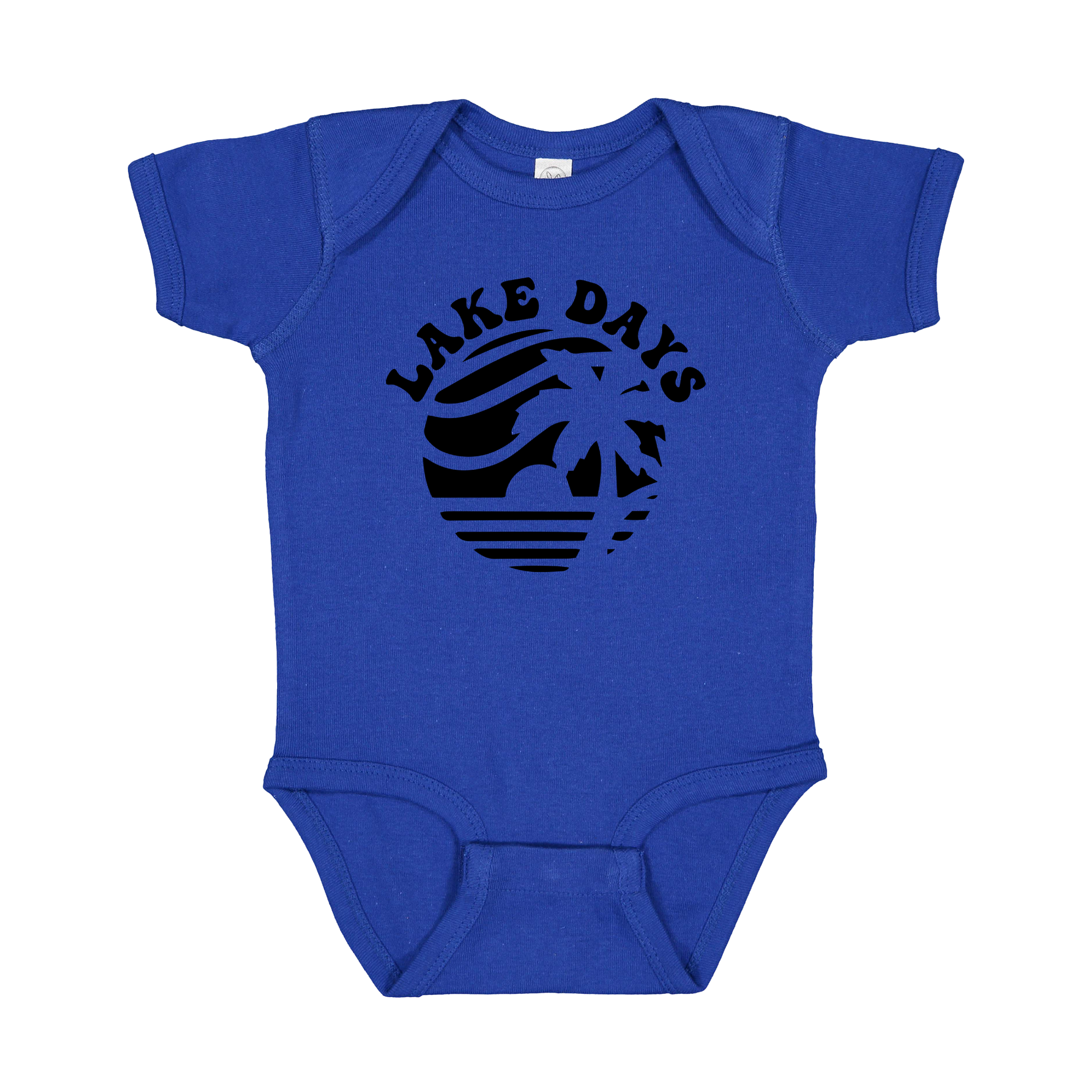 Lake Days Front & Back design on a Royal Blue infant onesie, front view.