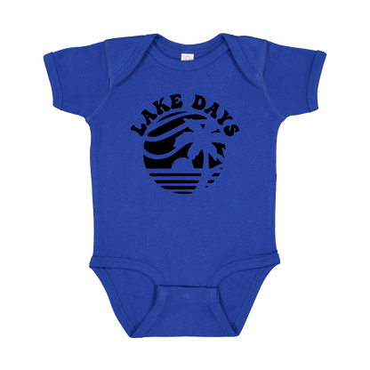 Lake Days Front & Back design on a Royal Blue infant onesie, front view.