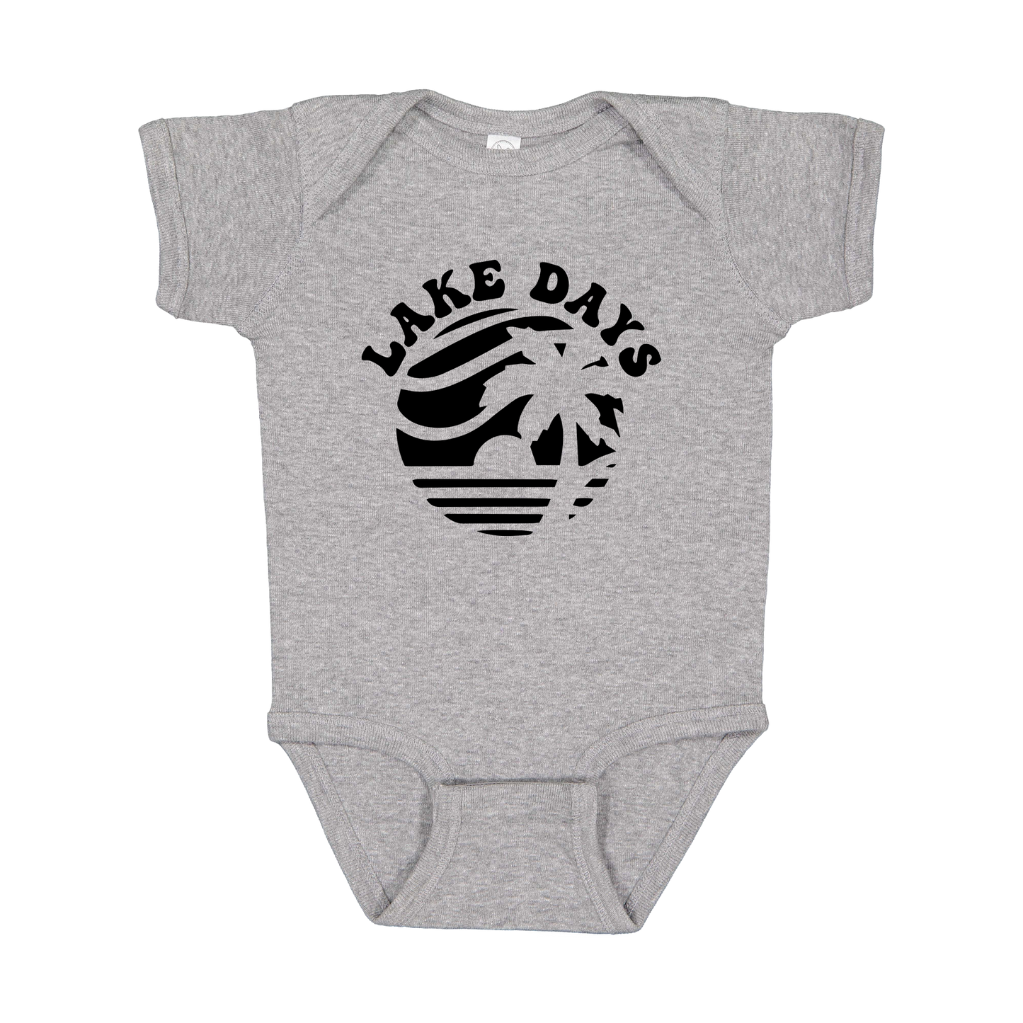 Lake Days Front & Back design on a Heather Athletic Gray infant onesie, front view.