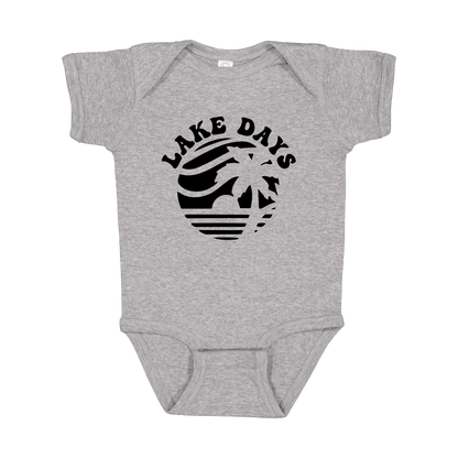 Lake Days Front & Back design on a Heather Athletic Gray infant onesie, front view.