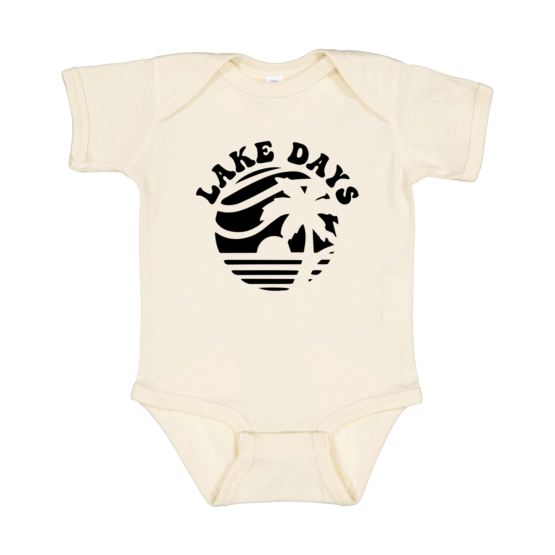 Lake Days Front & Back design on a Natural infant onesie, front view.