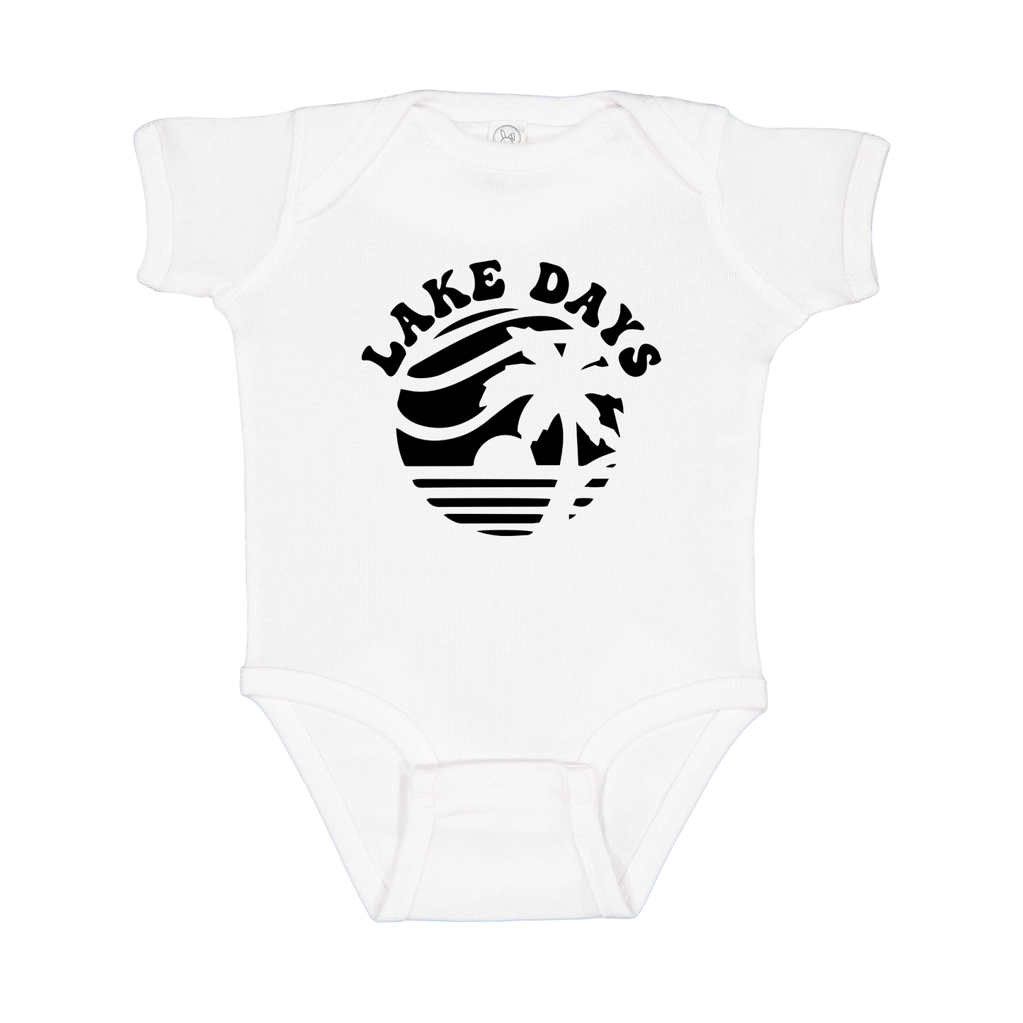 Lake Days Front & Back design on a White infant onesie, front view.