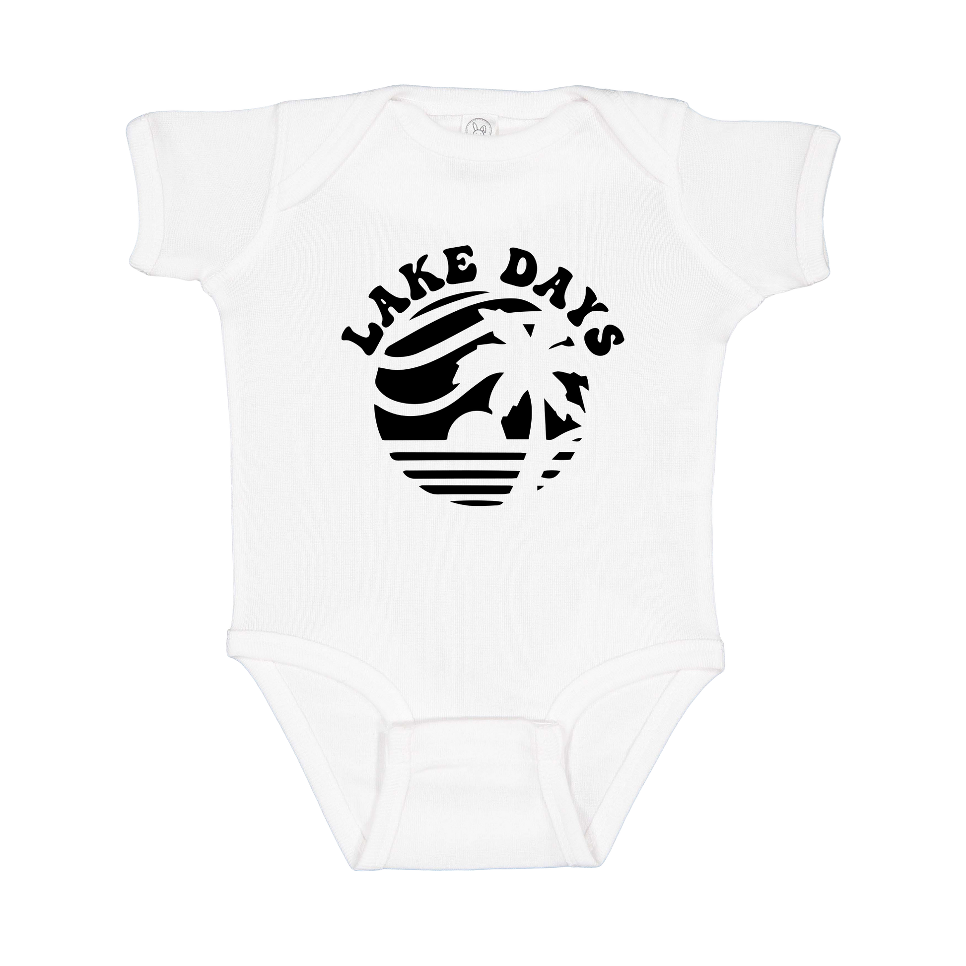 Lake Days Front & Back design on a White infant onesie, front view.