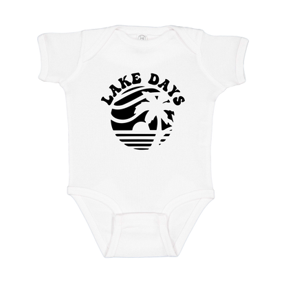 Lake Days Front & Back design on a White infant onesie, front view.