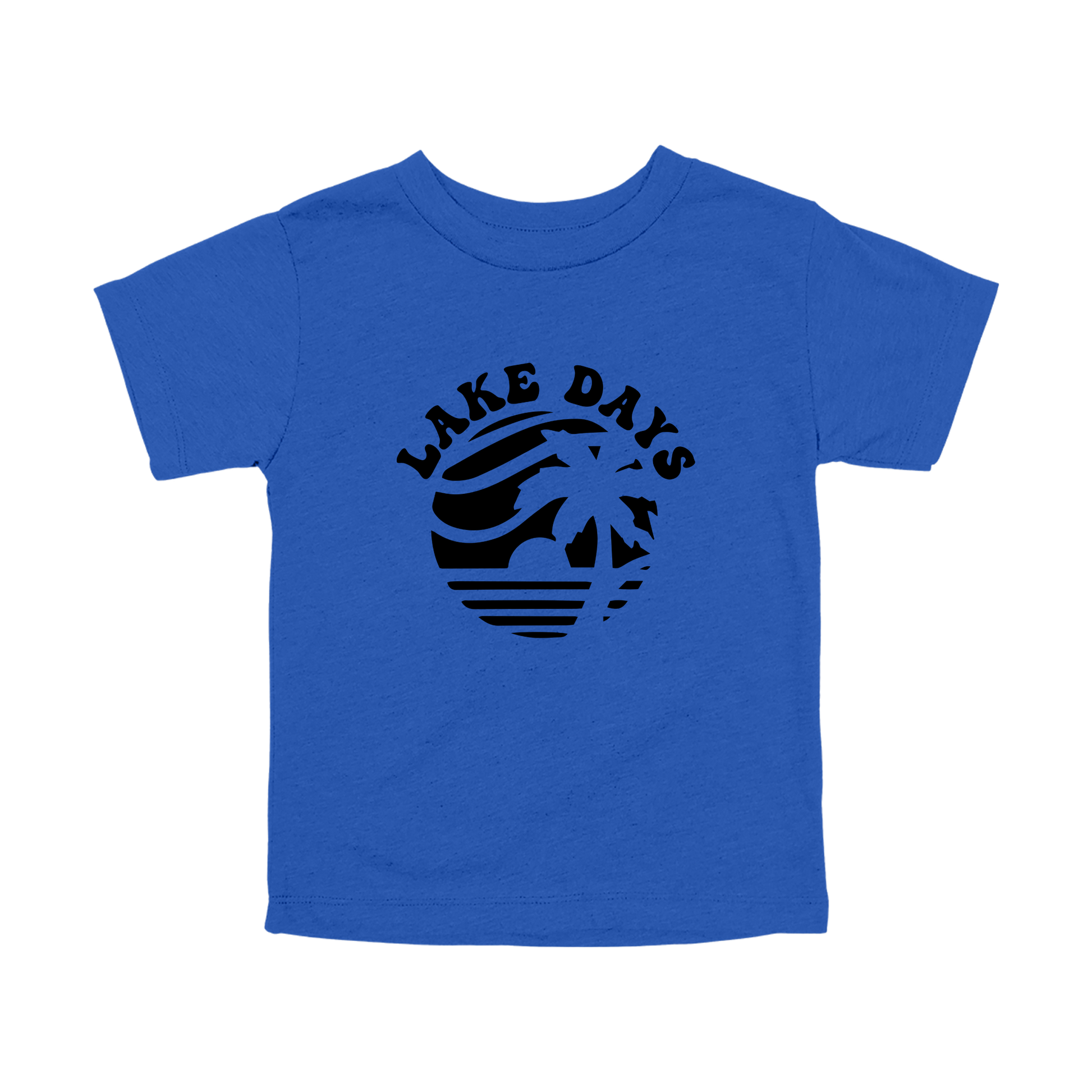 Lake Days Front & Back design on a Royal Blue toddler T-shirt, front view.
